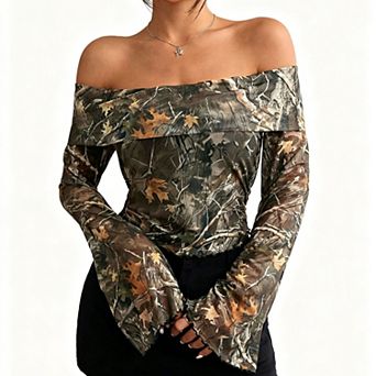Women's Casual Off Shoulder Mesh Blouse, Nature Print Long Sleeve Bell‑sleeve Form Fitting Top.