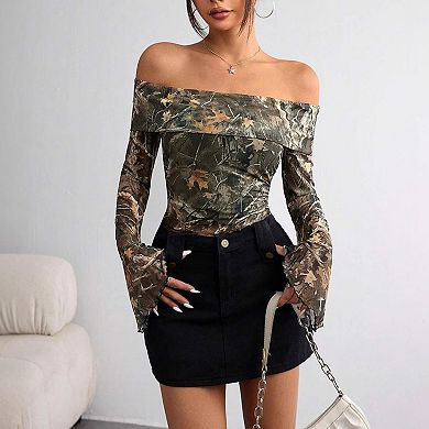 Women's Casual Off Shoulder Mesh Blouse, Nature Print Long Sleeve Bell‑sleeve Form Fitting Top.