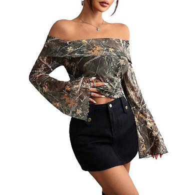 Women's Casual Off Shoulder Mesh Blouse, Nature Print Long Sleeve Bell‑sleeve Form Fitting Top.