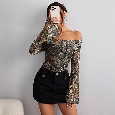 Women's Casual Off Shoulder Mesh Blouse, Nature Print Long Sleeve Bell‑sleeve Form Fitting Top.