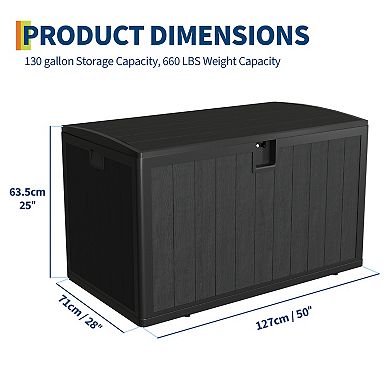 130 Gallon Resin Deck Box with Lid, Waterproof Outdoor Storage Organizer Bench for Balcony Patio