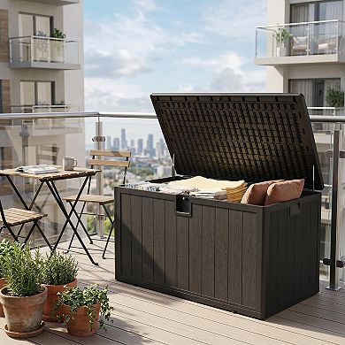 130 Gallon Resin Deck Box with Lid, Waterproof Outdoor Storage Organizer Bench for Balcony Patio