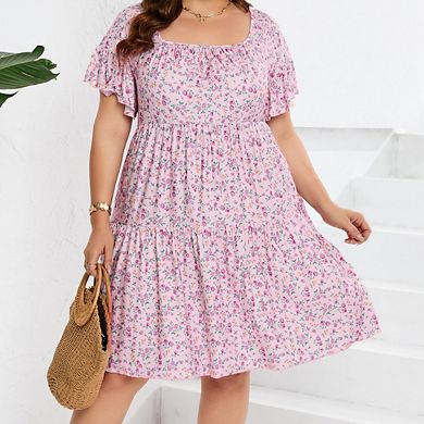 Plus Size Women's Square Neck Dolman Ruffle Sleeve Dress with Pockets
