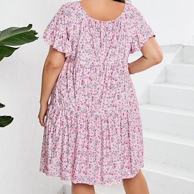 Plus Size Women's Square Neck Dolman Ruffle Sleeve Dress with Pockets