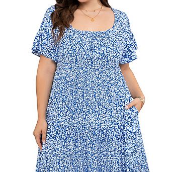 Plus Size Women's Square Neck Dolman Ruffle Sleeve Dress with Pockets