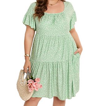 Plus Size Women's Square Neck Dolman Ruffle Sleeve Dress with Pockets