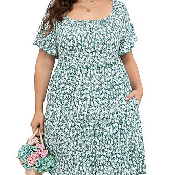 Plus Size Women's Square Neck Dolman Ruffle Sleeve Dress with Pockets
