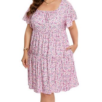 Plus Size Women's Square Neck Dolman Ruffle Sleeve Dress with Pockets