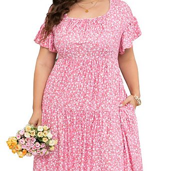 Plus Size Women's Square Neck Dolman Ruffle Sleeve Dress with Pockets