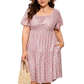 Plus Size Women's Square Neck Dolman Ruffle Sleeve Dress with Pockets