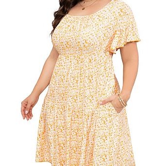 Plus Size Women's Square Neck Dolman Ruffle Sleeve Dress with Pockets