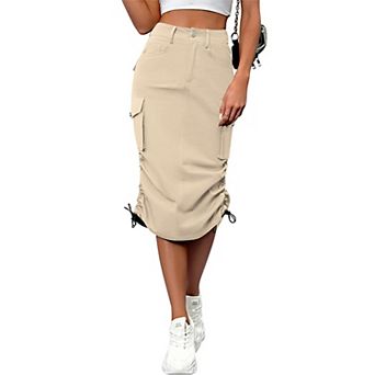 Women's Casual High Waist Cargo Skirt, Drawstring Ruched Pocket Utility Midi Skirt