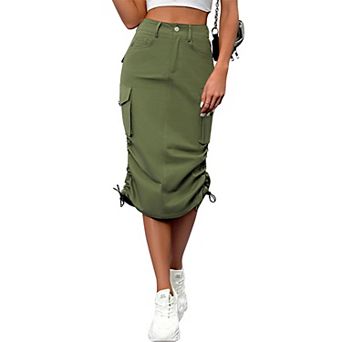 Women's Casual High Waist Cargo Skirt, Drawstring Ruched Pocket Utility Midi Skirt
