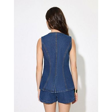 Women's Sleeveless Denim Jacket Button Down Crew Neck Casual Denim Vest