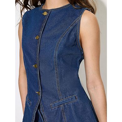 Women's Sleeveless Denim Jacket Button Down Crew Neck Casual Denim Vest