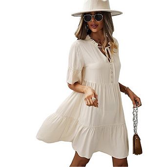 Women's Short Sleeve Elegant Casual A Line Shirt Dress Casual V Neck A Line Button Down Dress