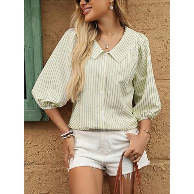 Women’s Striped Peter Pan Collar Blouse, 3/4 Puff Sleeve Button Down Shirt, Casual Summer Top