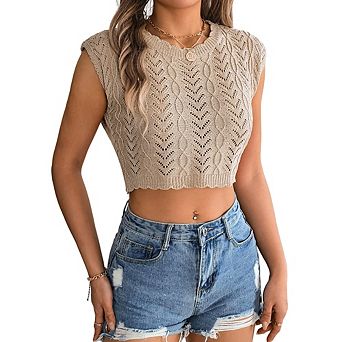 Women Knit Cropped Tank Top, Cap Sleeve Hollow Out Sweater Vest, Casual Crewneck Sleeveless Knitwear