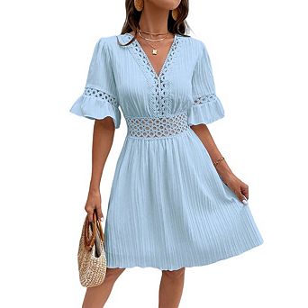 Womens Midi Dresses Summer V Neck Ruffle Short Sleeve Eyelet Textured Fashion A Line Short Dress