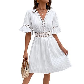Womens Midi Dresses Summer V Neck Ruffle Short Sleeve Eyelet Textured Fashion A Line Short Dress
