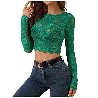 Women's Floral Lace Long Sleeve Crop Top, Crew Neck Sheer Mesh Lace Blouse, Casual Cropped Shirt