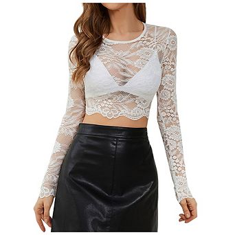 Women's Floral Lace Long Sleeve Crop Top, Crew Neck Sheer Mesh Lace Blouse, Casual Cropped Shirt