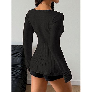 Women Cable Knit Long Sleeve Sweater,Scoop Neck Button Front Fitted Peplum Knit Top, Casual Pullover
