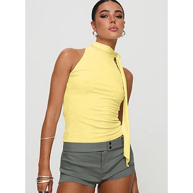 Women's Halter Neck Sleeveless Top, Tie Knot Neckline Open Back Form Fitting Blouse