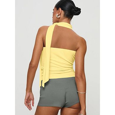 Women's Halter Neck Sleeveless Top, Tie Knot Neckline Open Back Form Fitting Blouse