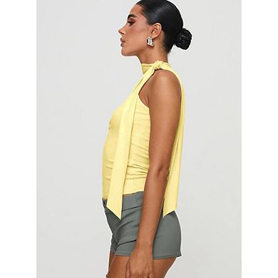 Women's Halter Neck Sleeveless Top, Tie Knot Neckline Open Back Form Fitting Blouse