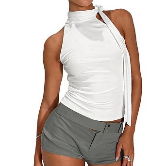 Women's Halter Neck Sleeveless Top, Tie Knot Neckline Open Back Form Fitting Blouse