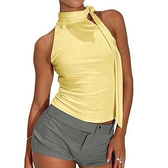 Women's Halter Neck Sleeveless Top, Tie Knot Neckline Open Back Form Fitting Blouse
