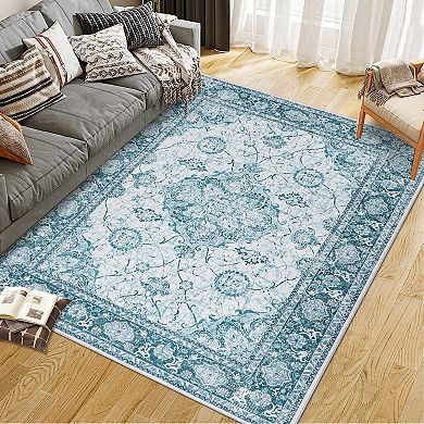Traditional Vintage Floral Area Rug - Soft Low Pile, Washable & Non-Slip Carpet