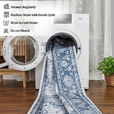 Traditional Vintage Floral Area Rug - Soft Low Pile, Washable & Non-Slip Carpet