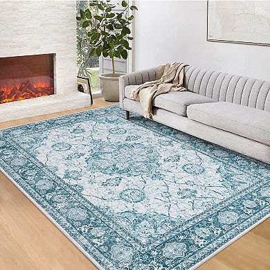 Traditional Vintage Floral Area Rug - Soft Low Pile, Washable & Non-Slip Carpet