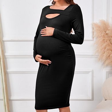 Maternity Square Neck Hollow Out Knitted Bodycon Elegant Dress