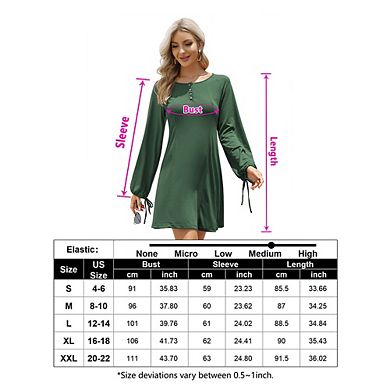 Women's Button-Down Mini Dress Solid Color Lantern Sleeve Dresses with Drawstring Cuff