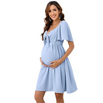 Maternity Sweetheart Neck Flutter Sleeve Dress, Front Tie Smocked Casual Dress