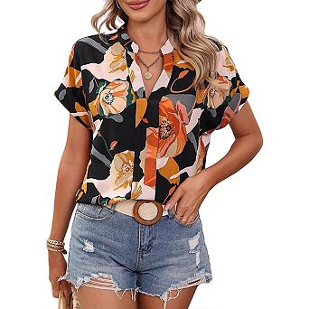 Womens Patchwork Button Down Shirt v Neck Short Sleeve Striped Blouse Tops