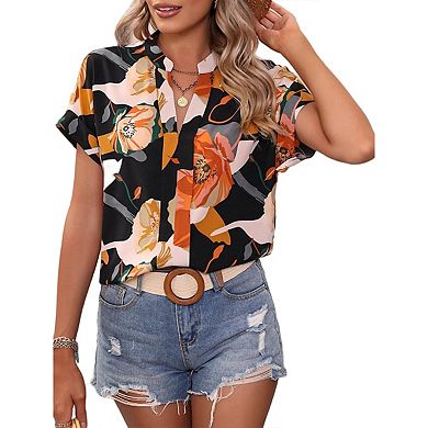 Womens Patchwork Button Down Shirt v Neck Short Sleeve Striped Blouse Tops