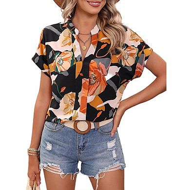 Womens Patchwork Button Down Shirt v Neck Short Sleeve Striped Blouse Tops