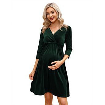 Maternity V-Neck 3/4 Sleeve Wrap Dress, Waist Tie Casual Dress