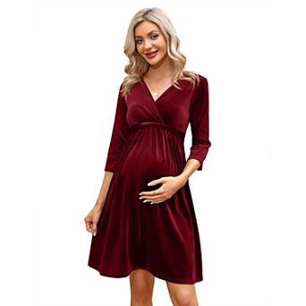 Maternity V-Neck 3/4 Sleeve Wrap Dress, Waist Tie Casual Dress