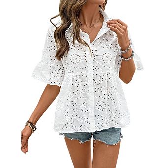 Women's Elegant Openwork Shirt Solid Color Lapel Jacquard Short Sleeve Top