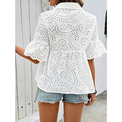 Women's Elegant Openwork Shirt Solid Color Lapel Jacquard Short Sleeve Top