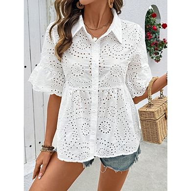 Women's Elegant Openwork Shirt Solid Color Lapel Jacquard Short Sleeve Top