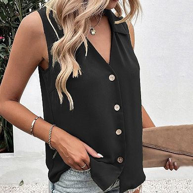 GlowSol Womens Summer Collar V Neck Button Sleeveless Tank Tops