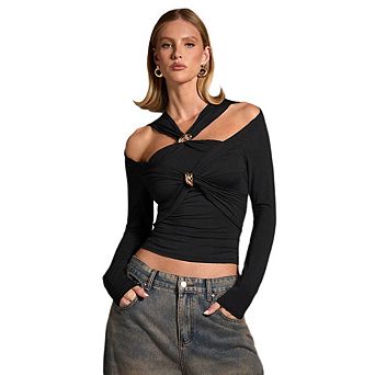 Women's Off Shoulder Long Sleeve Top, Knotted Front Metal Ring Hollow Out Slim Fit Short Top
