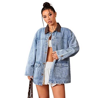 Women's Oversized Contrast Trim Denim Jacket, Long Sleeve Button Down Pocket Jean Outerwear