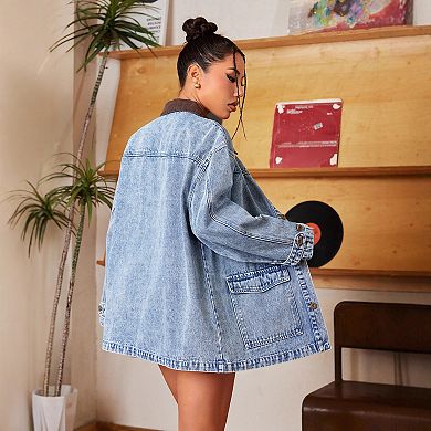 Women's Oversized Contrast Trim Denim Jacket, Long Sleeve Button Down Pocket Jean Outerwear